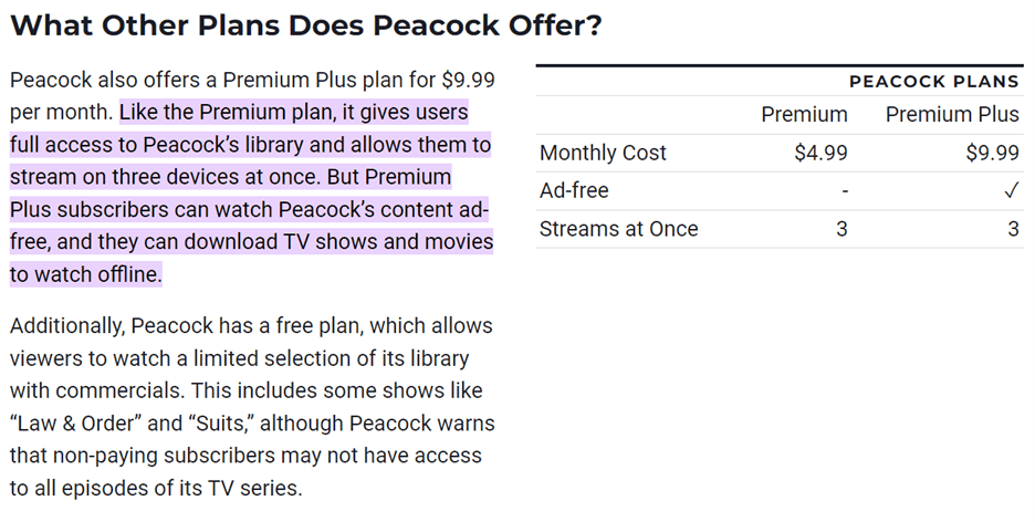 other plans that peacock offer