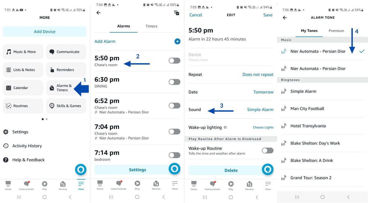 Setting Alexa Alarm Tones using a step-by-step guide